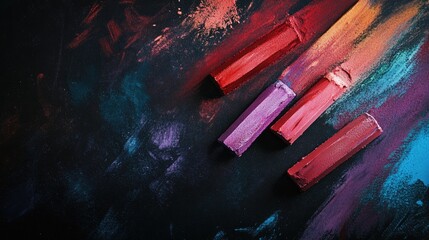 Fototapete - Vibrant chalk pastels scattered on a dark matte surface showcasing artistic colors and textures for creative backgrounds and designs.