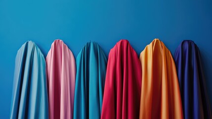 Poster - Vibrant Draped Fabrics in a Row on Blue Background with Copyspace for Text Ideal for Fashion and Event Promotion