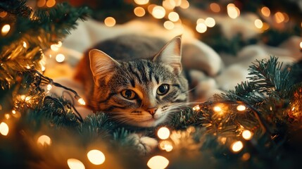 Aufkleber - Cozy holiday interior featuring a cat amidst Christmas tree lights and garlands perfect for warm seasonal home decor visuals