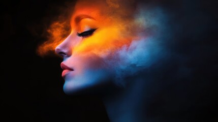 Leinwandbilder - Vibrant Colorful Smoke Shaping Female Silhouette with Blank Space for Text in Dramatic Art Background