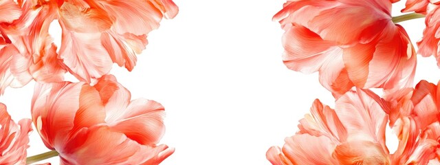 Fototapete - Elegant Pink and Orange Double Tulips Bouquet on White Background with Space for Text Floral Art Decoration Close-up Photography