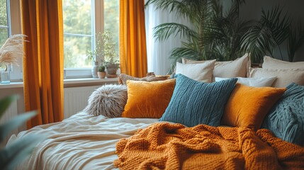 Fototapete - Cozy modern bedroom interior featuring warm-toned pillows and curtains highlighting stylish home design and real estate investment pride.