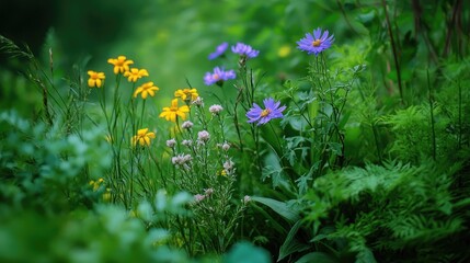 Aufkleber - Colorful wildflower bouquet amidst thick green foliage in a serene natural setting showcasing the beauty of nature's diversity.