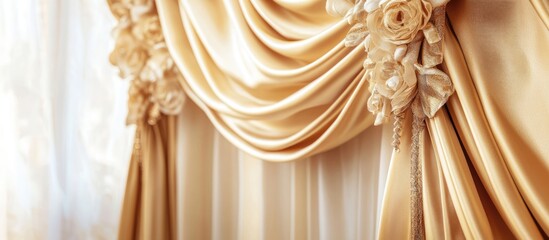 Aufkleber - Elegant gold satin curtains with floral details showcases luxury design in a showroom setting featuring a spacious area for text placement.