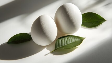 Poster - Two White Eggs Nestled Among Fresh Green Leaves Creating a Harmony of Traditional and Modern Aesthetics in Soft Light