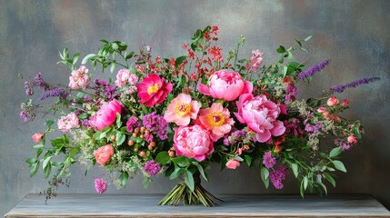 Poster - Vibrant arrangement of pink peonies and assorted fresh flowers beautifully displayed on a rustic table against a textured background