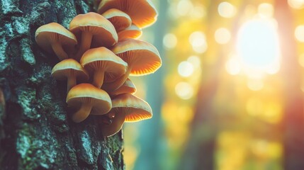 Aufkleber - Vibrant Orange Mushrooms on Tree Trunk against Soft Focus Background with Copy Space for Text in Natural Environment