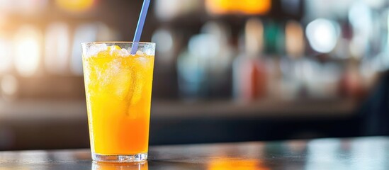 Glass of refreshing orange juice with ice and straw on bar counter in cafe setting with blurred drinks in background and empty space for text