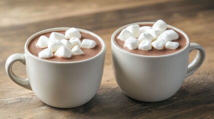 Wall Mural - Cozy Scene of Two Cups of Hot Chocolate Topped with Marshmallows on a Rustic Wooden Table