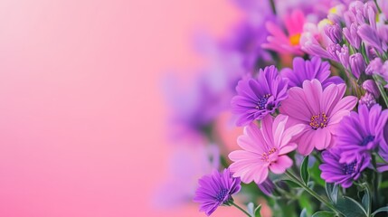 Aufkleber - Colorful close-up of blooming flowers with seedlings, featuring a soft pink background and empty copyspace ideal for text placement.