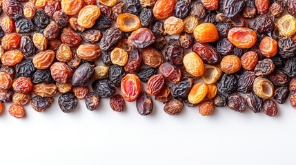 Leinwandbilder - Assorted dried date fruits arranged on a white background with space for text showcasing their rich textures and vibrant colors.