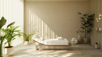 Poster - Serene Spa Treatment Room Featuring Neutral Tones and Ample Copy Space for Relaxation and Wellness Promotions