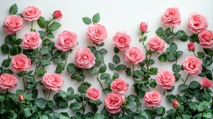 Poster - Elegant pink roses arranged artfully on a white background with ample copyspace for text showcasing romance and beauty.
