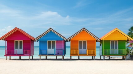 Aufkleber - Colorful traditional beach houses with a serene shoreline and open space for text or design elements.
