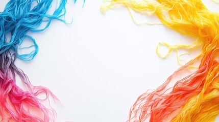 Poster - Vibrant Soft Yarn in Vivid Colors Arranged on White Background Creating Space for Text or Design Elements