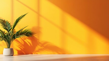 Fototapete - Vibrant Yellow Wall with Plant and Shadows Ideal for Modern Renovation Plans Showcasing Bright Color Palette and Copyspace for Text