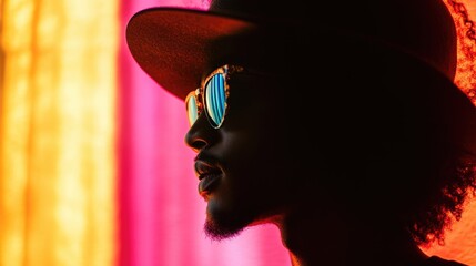 Poster - Vibrant Silhouette of Afro Tourist with Colorful Backlighting and Empty Space for Text Display