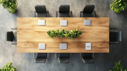 Poster - Modern Conference Room Overhead View with Empty Space for Text and Green Plants on a Stylish Wooden Table