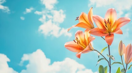 Poster - Vibrant orange lilies against a bright blue sky providing ample copyspace for text and promotional content