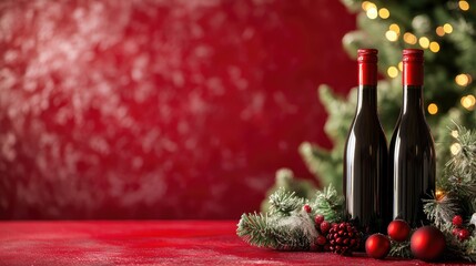 Aufkleber - Decorative wine bottles on red table with festive tree creating a warm holiday atmosphere and ample copy space for text usage.
