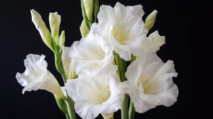 Wall Mural - Elegant White Gladiolus Flowers on Black Background with Copy Space for Text