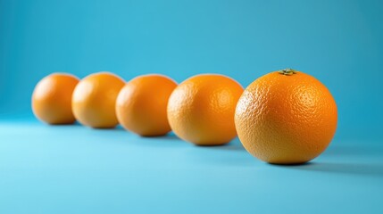 Leinwandbilder - Citrus fruits arranged in a row against a vibrant blue background showcasing their textures and colors in a close-up perspective.