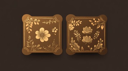 Poster - Elegant Floral Golden Tickets with Natural Theme on Dark Brown Background Ideal for Events and Invitations