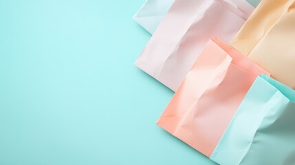 Poster - Colorful pastel gift bags arranged on a light blue background with empty space for text, perfect for festive celebrations and events.