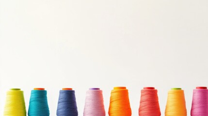 Poster - Vibrant yarn spools in various colors arranged neatly with ample empty space for text and design elements in a creative setting