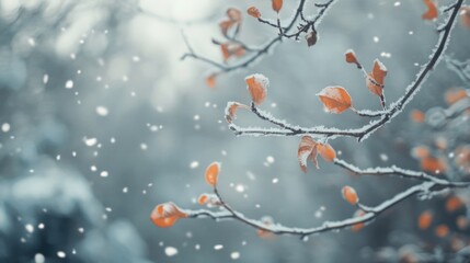 Poster - Tranquil winter forest scene with gentle snowflakes on ice-covered branches and warm orange leaves creating serene atmosphere for text