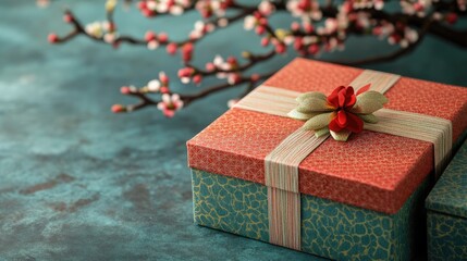 Aufkleber - Traditional Korean Gift Boxes on Serene Background with Blossoms and Copyspace for Text