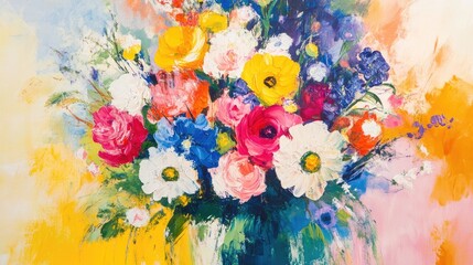 Poster - Vibrant Spring Bouquet Featuring a Colorful Array of Fresh Flowers in a Delicate Vase Against a Soft Abstract Background