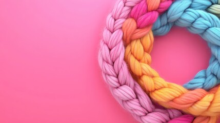 Aufkleber - Colorful Braided Textile against a Soft Pink Background Creating a Silky Circular Design