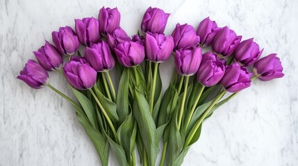 Aufkleber - Vibrant arrangement of purple tulips on a clean white marble surface with plenty of negative space for text or branding purposes