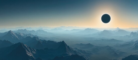 Fototapete - Majestic solar eclipse over dramatic mountain landscape with ample space for text and captivating natural beauty in the background