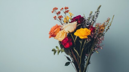 Poster - Colorful bouquet of blooming flowers against a pastel background showcasing vibrant petals and natural beauty.