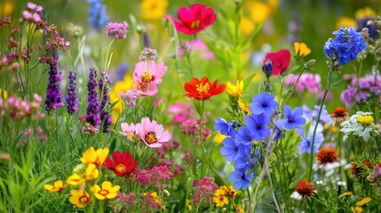 Aufkleber - Colorful meadow flowers in full bloom creating a vibrant and natural floral landscape ideal for spring or summer themes.