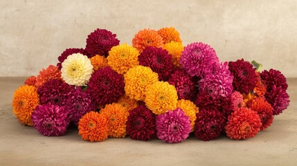 Poster - Vibrant bouquet of colorful chrysanthemum flowers arranged on a soft neutral background showcasing their beauty and elegance.