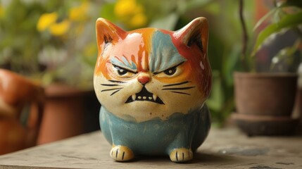 Aufkleber - Ceramic cat doll toy with vibrant colors showcasing an anxious and angry expression in a botanical setting
