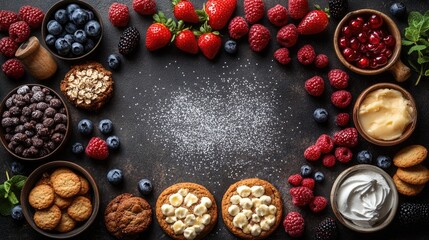 Wall Mural - Ingredients and baked goods arranged for dessert preparation with copyspace for text showcasing a variety of colorful fruits and treats.