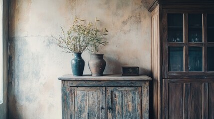 Poster - Minimalist Living Room Featuring Weathered Wood Cabinet Vintage Accessories and Neutral Backdrop for Product Photography