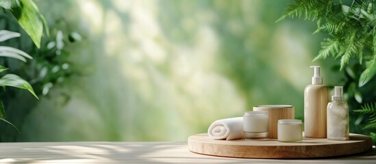 Poster - Minimalist Spa Composition with Natural Elements Soft Focus Background Elegant Containers for Wellness Products and Copyspace for Text