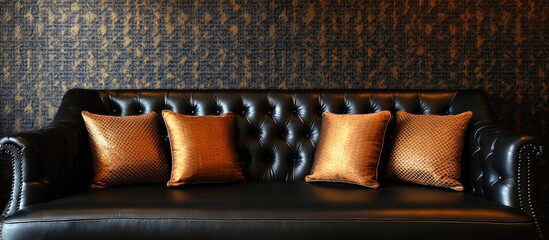 Aufkleber - Elegant black leather sofa with decorative cushions against textured dark wallpaper in a cozy minimalist living room interior design.