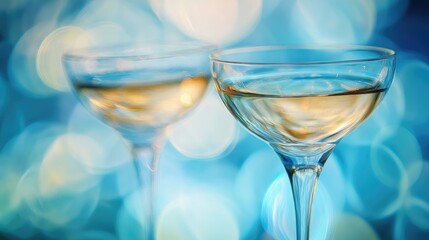 Poster - Elegant champagne glasses with shimmering blue bokeh background creating a festive and magical atmosphere for celebrations and special occasions