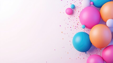 Poster - Colorful balloons in various sizes on a light background with confetti, ideal for celebrations and promotional text placement.