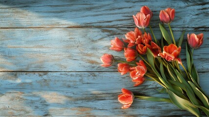 Aufkleber - Spring tulip bouquet elegantly arranged on a rustic blue wooden background showcasing vibrant colors and natural beauty