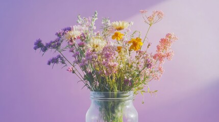 Wall Mural - Colorful wildflower bouquet in a frosted jar set against a soft purple background creating a vibrant and cheerful atmosphere.