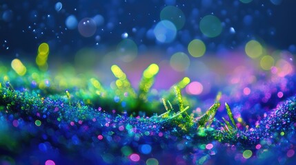 Wall Mural - dreamy artistic background featuring vibrant bokeh effect with blue green and purple lights over a t