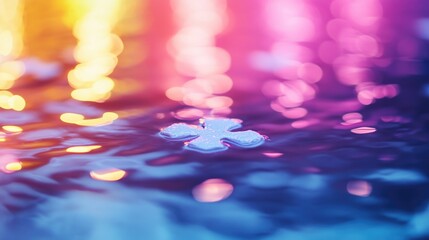 Poster - Vibrant Colorful Reflections on Water with Glossy White Floating Object and Empty Copyspace for Text in Evening Light