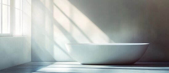 Wall Mural - Minimalist bathroom interior showcasing a white bathtub with natural light and empty space for text or branding purposes.